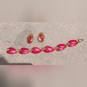 Vintage Teifari TM Red Enamel Bracelet & Clip On Earring Set Signed